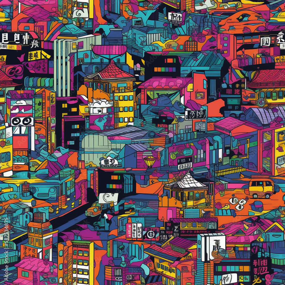 seamless pattern pop art of japan city unique blend of tradition and modernity that defines urban life in Japan. generative ai