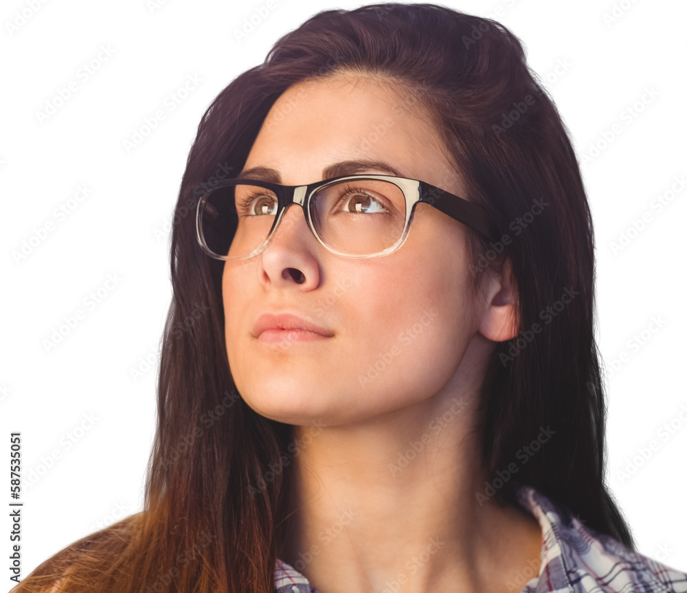 Close up of thoughtful woman wearing eyeglasses 