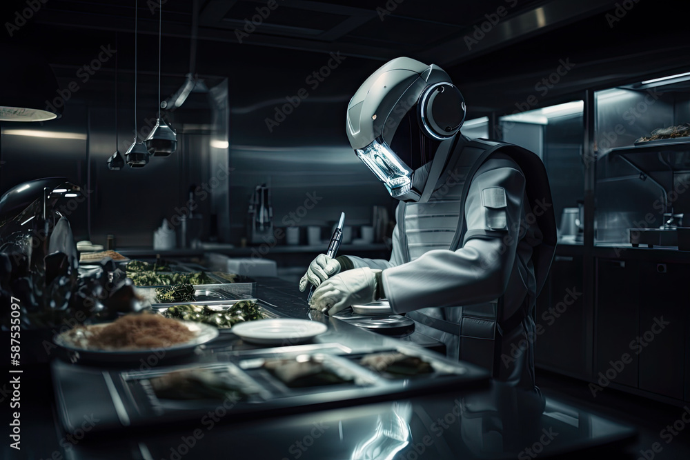 a person in a futuristic kitchen with food on the counter and an astronaut looking at something off to the side. Generative AI