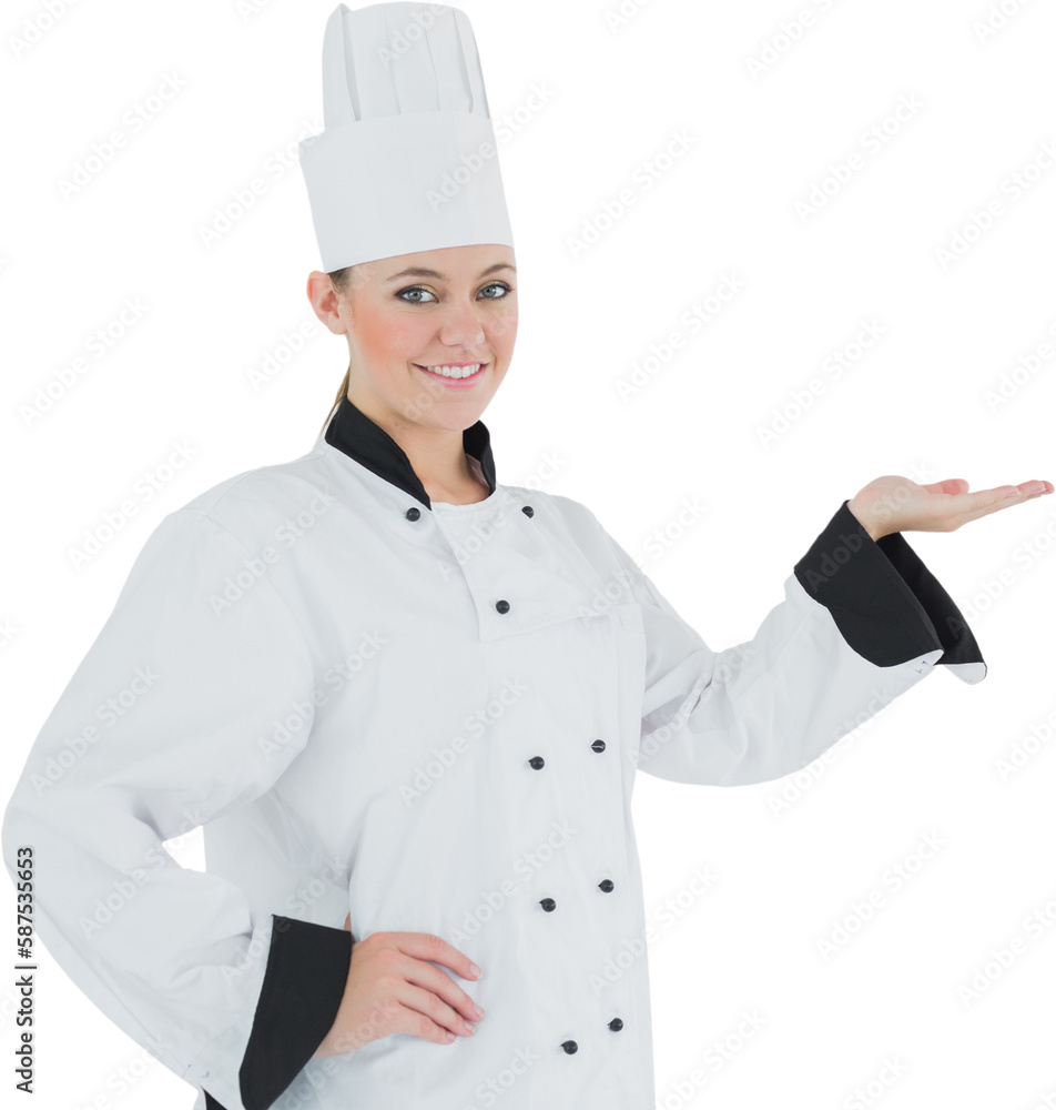 Portrait of happy female chef gesturing Portrait of happy female chef gesturing