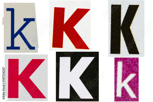 Letter k magazine cut out font, ransom letter, isolated collage elements for text alphabet, ransom note
