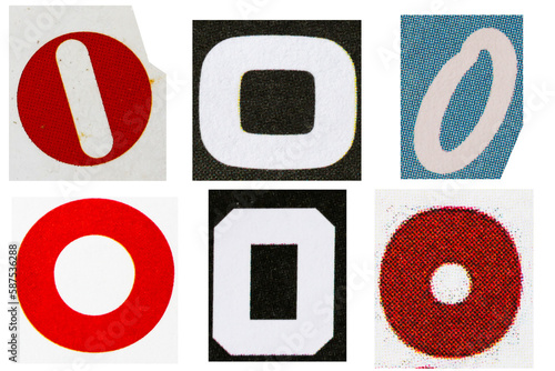 Letter font o from printout magazine cut out, collage element. photo