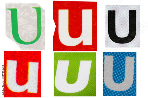 Letter u magazine cut out font, ransom letter, isolated collage elements for text alphabet, ransom note
