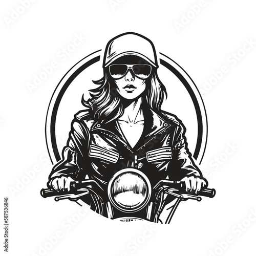 badass biker girl, logo concept black and white color, hand drawn illustration