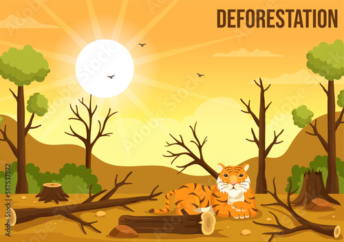 Deforestation Illustration with Tree in the Felled Forest and Burning Into Pollution Causing the Extinction of Animals in Cartoon Hand Drawn Templates