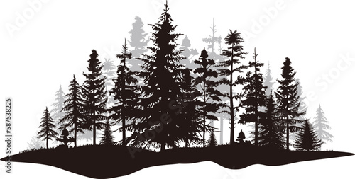 Pine tree vector illustration set. Black silhouette landscape.