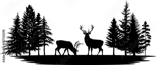 Pine tree and reindeer vector illustration set. Black silhouette landscape.