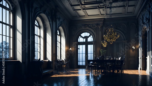 Gothic Renaissance Shaded Dining Room 1 generative AI © Emmanuel Vidal