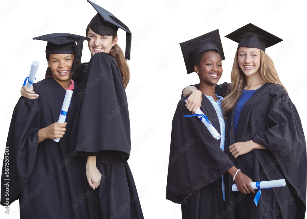 Portrait of friends in mortarboard holding degree Portrait of friends in mortarboard holding degree