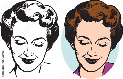 A vintage retro illustration of an attractive woman looking down. 