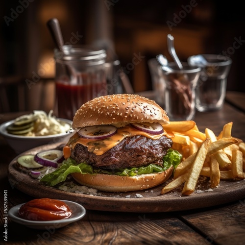 A delicious burger and French fries served at a restaurant. Generative AI. 