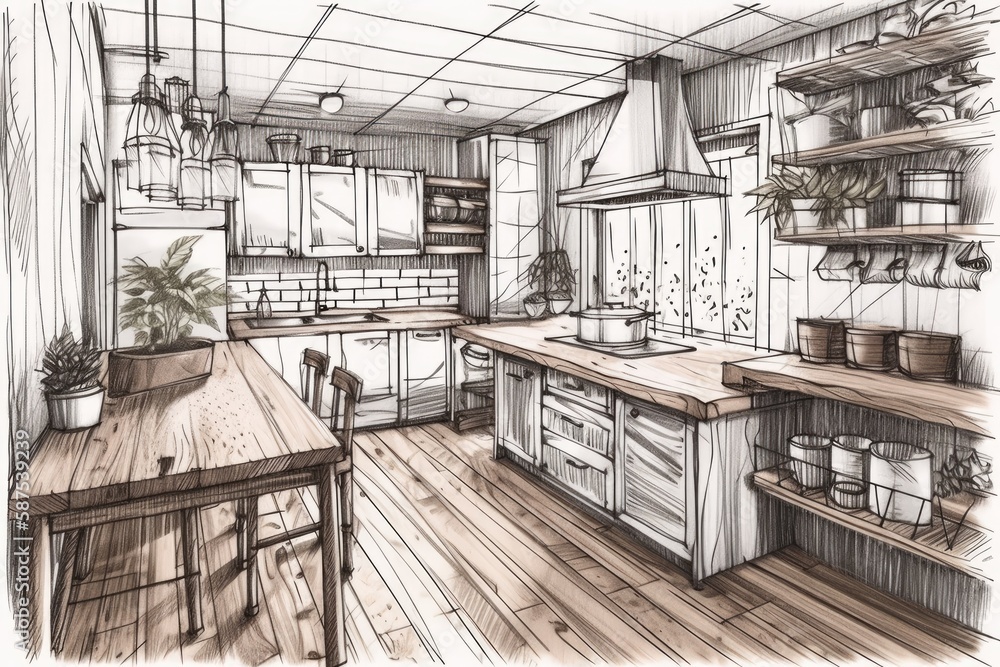 Hand drawn sketch unfinished project becomes actual, bohemian kitchen and dining area with wooden elements. Boho rural decor,. Generative AI