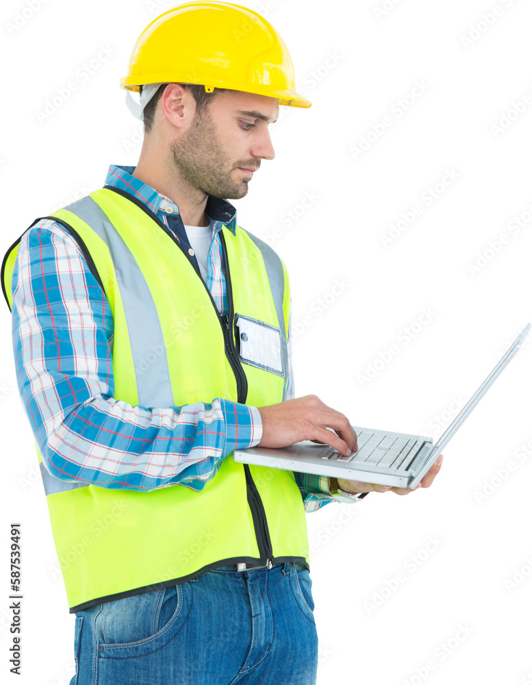 Repairman in reflective workwear using laptop Repairman in reflective workwear using laptop