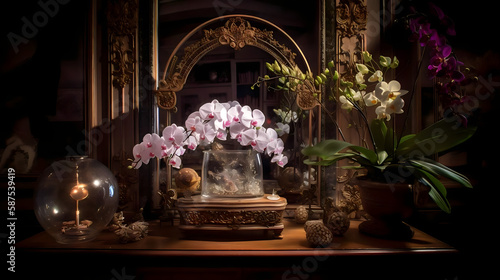 Photographic realism orchids in sharp detail ornate large flowers in a vase. Generative AI