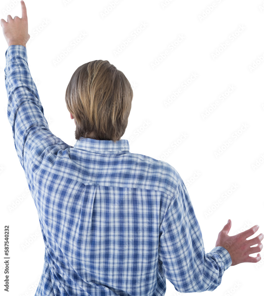 Rear view of businessman using imaginary interface Rear view of businessman using imaginary interface