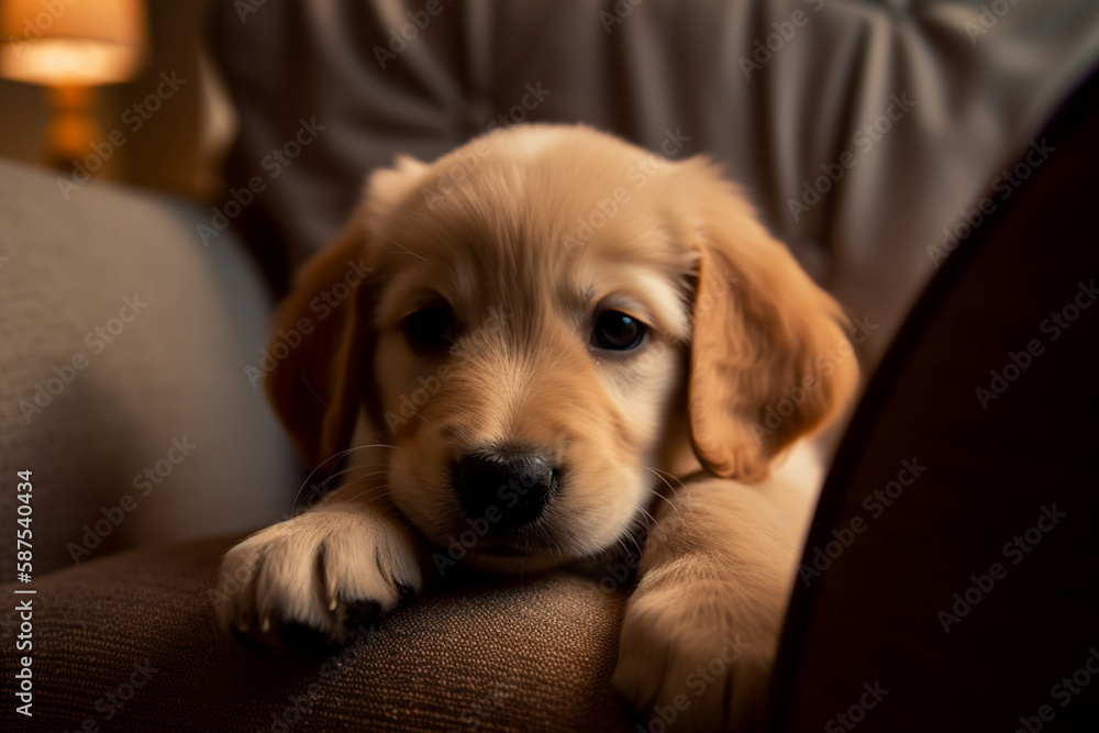 A sleepy golden retriever puppy snuggled up in a cozy blanket, its eyes half-closed and a contented expression on its face, emphasizing the puppy's cuddly and sweet nature, generative ai A sleepy golden retriever puppy snuggled up in a cozy blanket, its eyes half-closed and a contented expression on its face, emphasizing the puppy's cuddly and sweet nature, generative ai