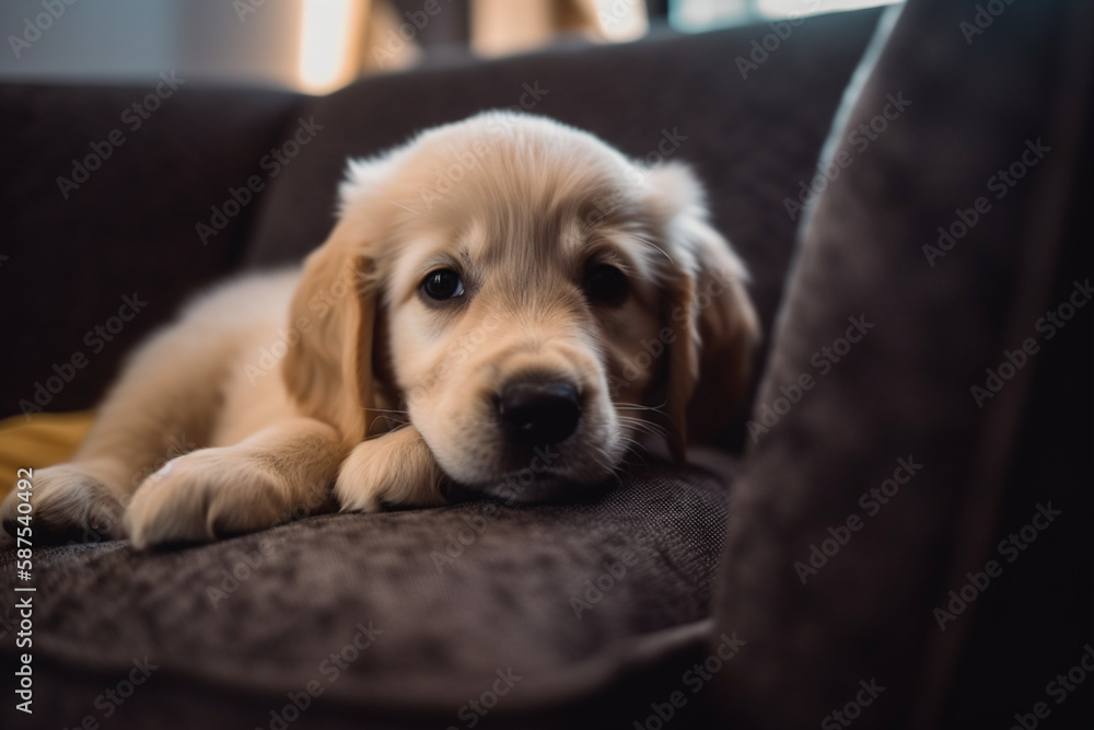 A sleepy golden retriever puppy snuggled up in a cozy blanket, its eyes half-closed and a contented expression on its face, emphasizing the puppy's cuddly and sweet nature, generative ai