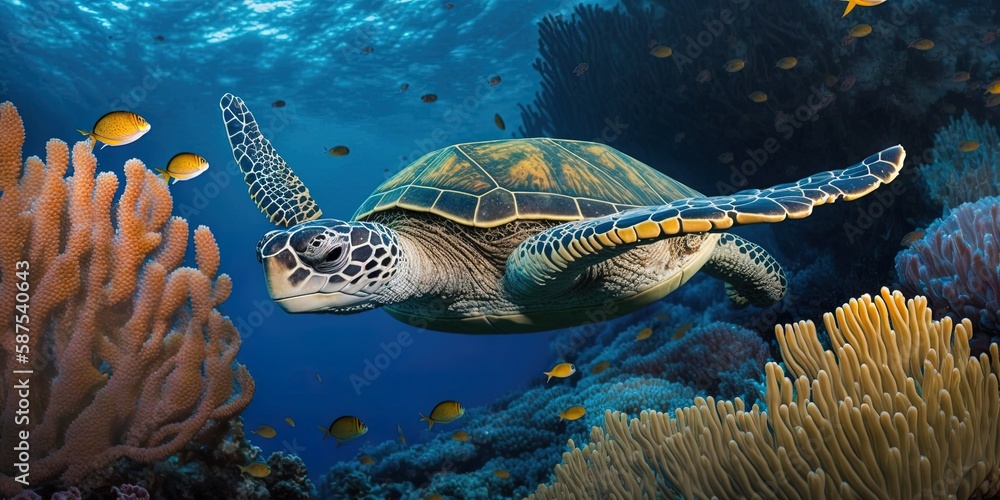 Turtle Foraging Eretmochelys imbricata, often known as the hawksbill turtle, foraging ...
