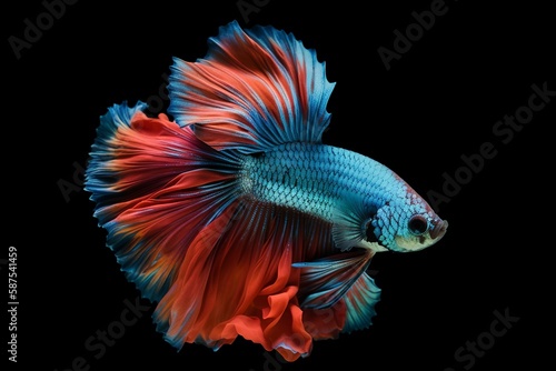 Blue and red betta fish is on a black background.