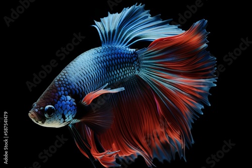 Blue and red betta fish is on a black background.