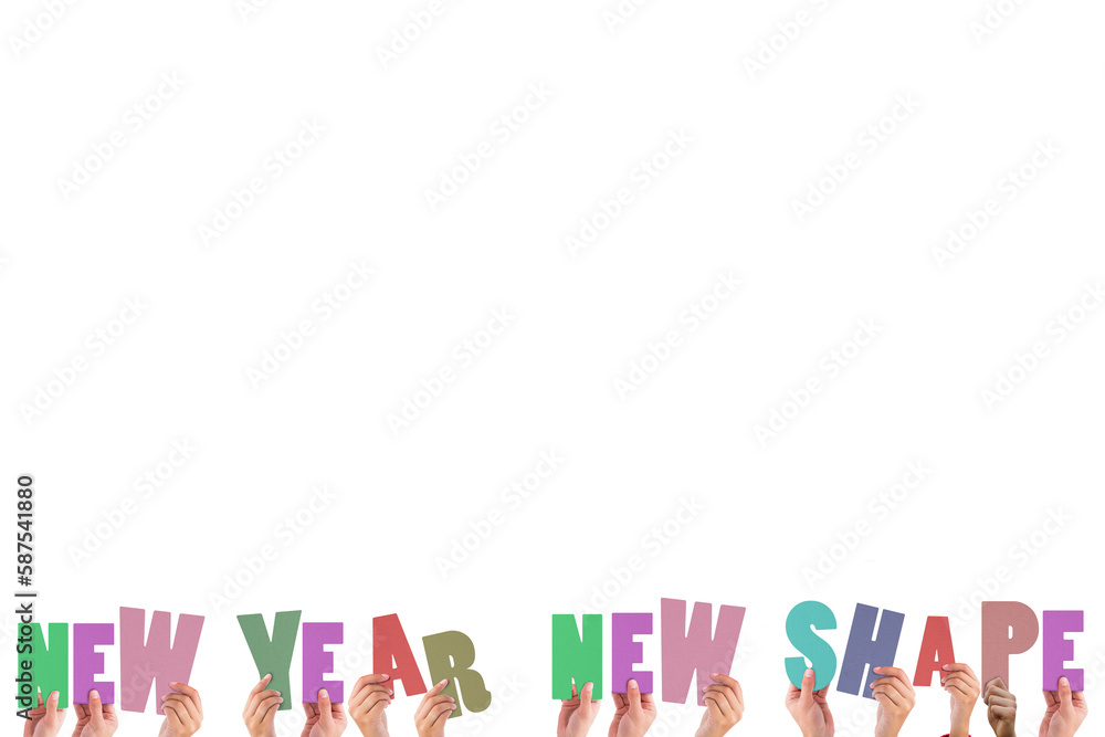Colorful alphabet spelling new year new shape held up by people Colorful alphabet spelling new year new shape held up by people