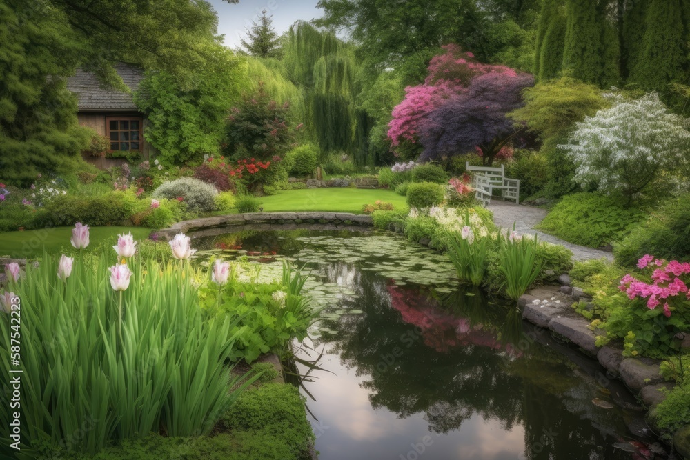 A tranquil garden with blooming flowers, lush greenery, and a peaceful pond background Generative AI