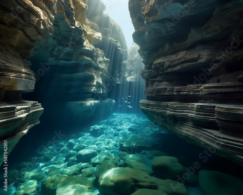 Canyon under the ocean, realistic, landscape, wallpaper. Generative AI