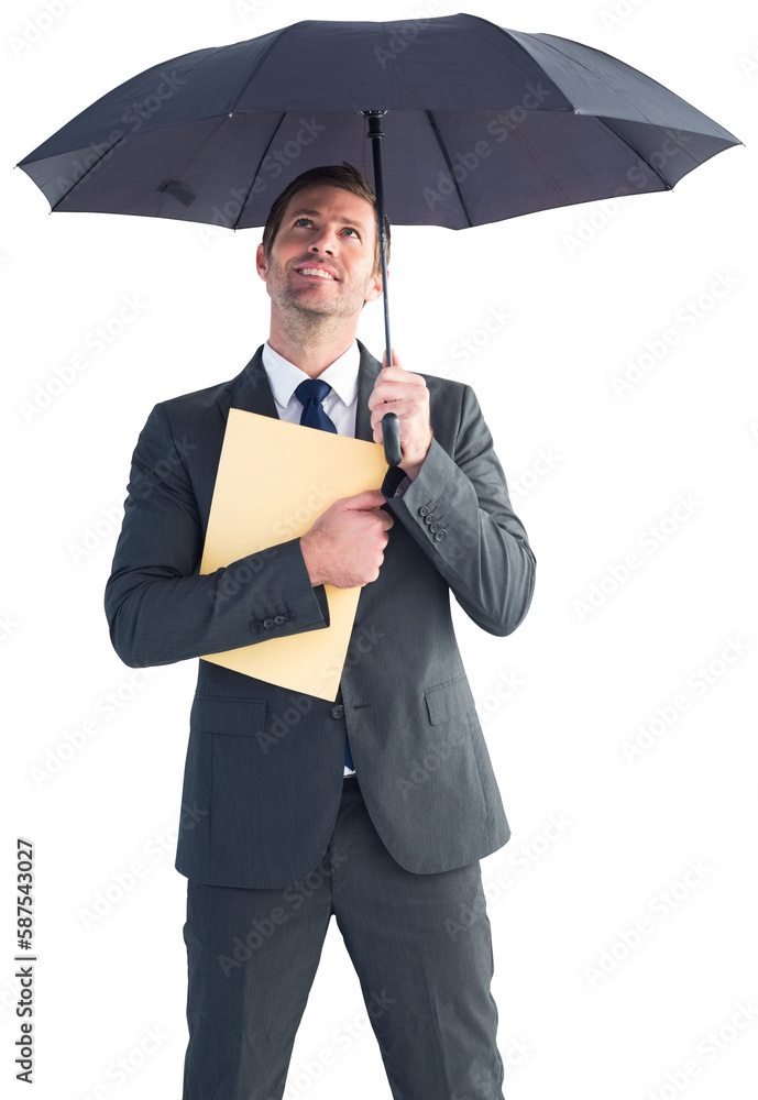 Businessman sheltering under umbrella holding file Businessman sheltering under umbrella holding file