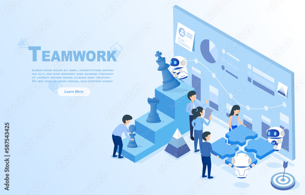 Teamwork concept. Humans and robots work together on a project. Creativity, management, development to improve the company. Isometric vector illustration. Teamwork concept. Humans and robots work together on a project. Creativity, management, development to improve the company. Isometric vector illustration.