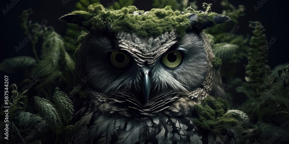 An owl with moss on its head is surrounded by trees in a forest. Generative AI An owl with moss on its head is surrounded by trees in a forest. Generative AI