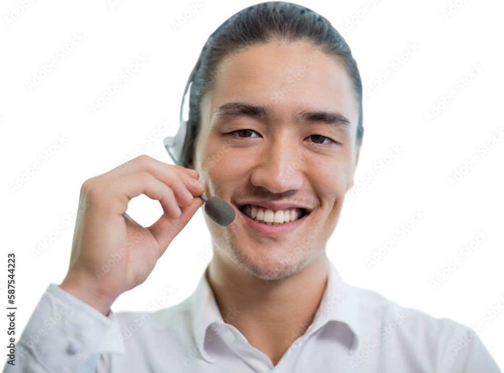 Close-up portrait of smiling an wearing headset Close-up portrait of smiling an wearing headset