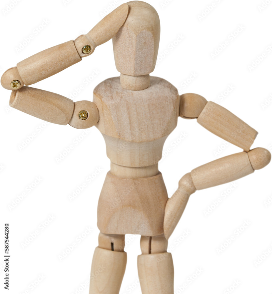 Confused 3d wooden figurine standing with hand on head Confused 3d wooden figurine standing with hand on head