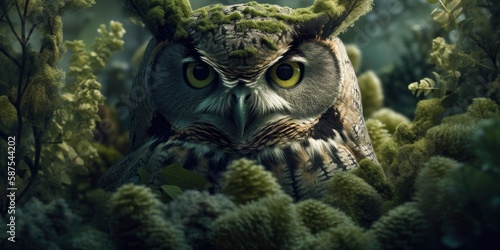 An owl with moss on its head is surrounded by trees in a forest. Generative AI