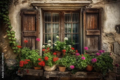 Colorful Window with Beautiful Flowers in front of it. Generative AI