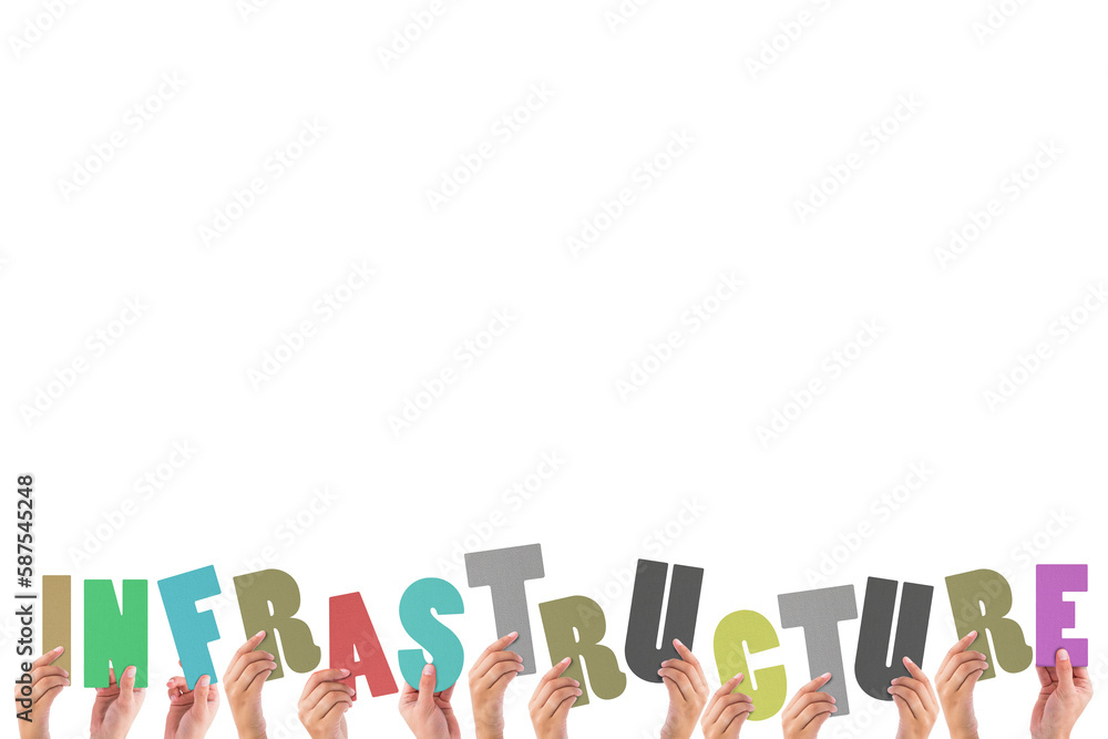 Colorful alphabet spelling infrastructure held up by people Colorful alphabet spelling infrastructure held up by people