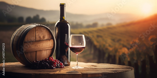 Savoring the moment: Red wine bottle and glass with stunning Tuscany scenery