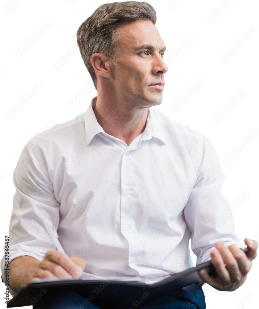 Thoughtful businessman with document looking away Thoughtful businessman with document looking away