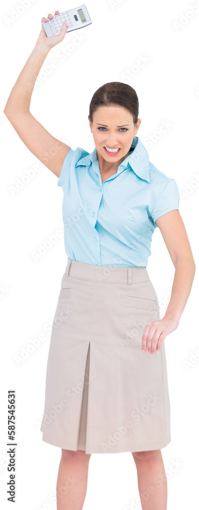 Furious classy businesswoman throwing her calculator Furious classy businesswoman throwing her calculator
