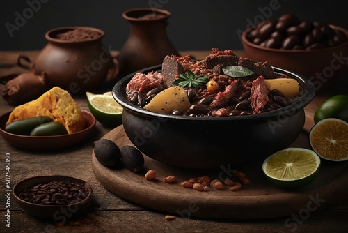 brazilian food, feijoda, bean broth, black beans, Generative AI, pork, sausage, bacon, rice, farofa, collard greens