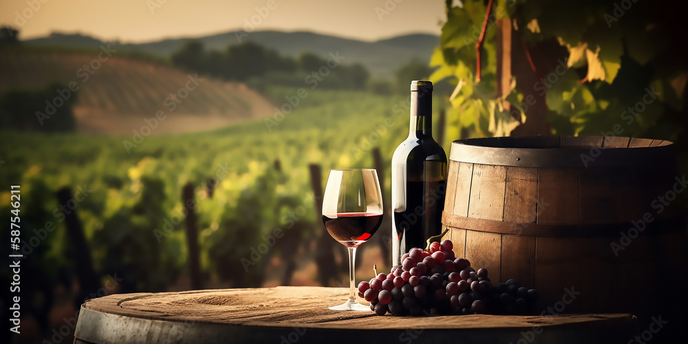 Italian wine country: Red wine bottle and glass with beautiful vineyard landscape