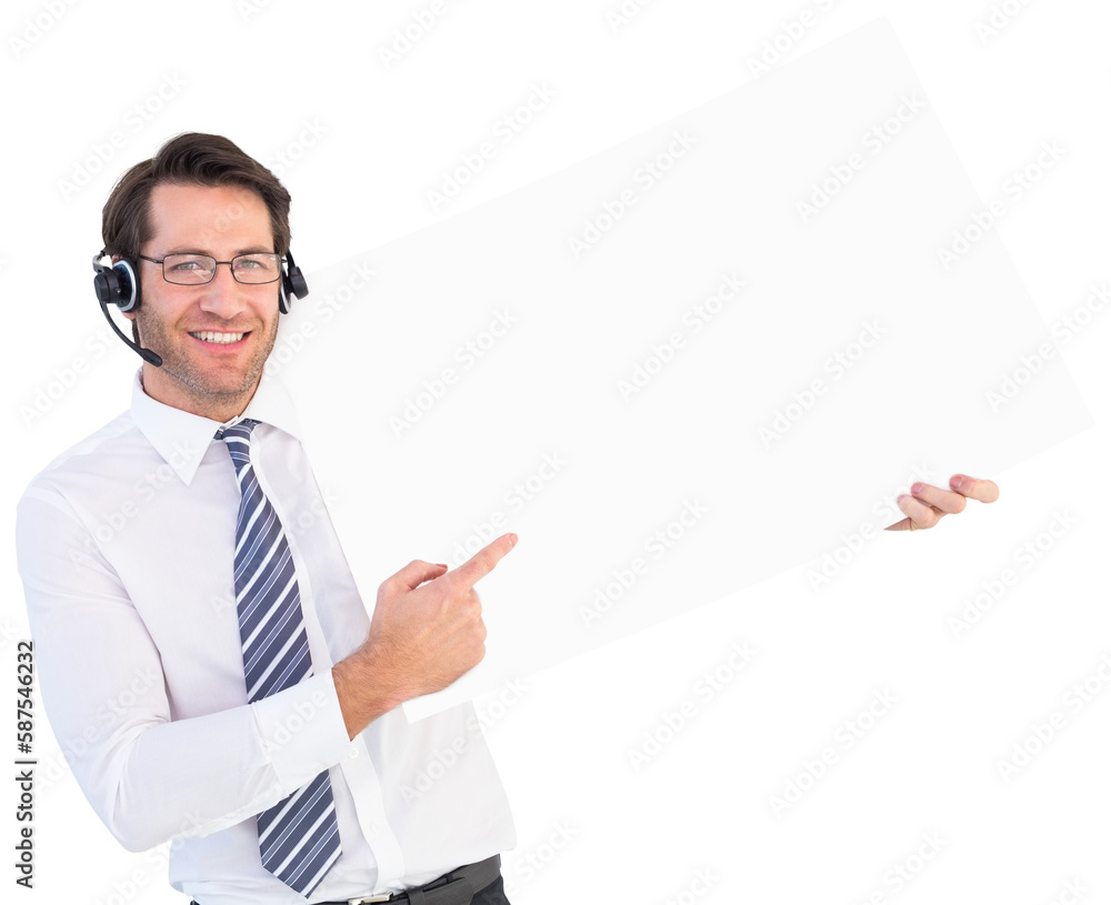 Businessman with headphone showing card to camera Businessman with headphone showing card to camera