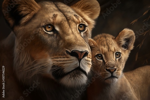lioness with her cub  mother s day  brave mother  Generative AI  lioness  strong  fierce  protector  nurturing  love  devotion