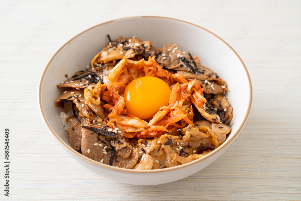 pork bulgogi rice bowl with kimchi and Korean pickled egg pork bulgogi rice bowl with kimchi and Korean pickled egg