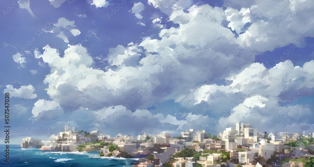 Fototapeta premium 夏と海辺に建つ白い建物と涼しげな雲_52