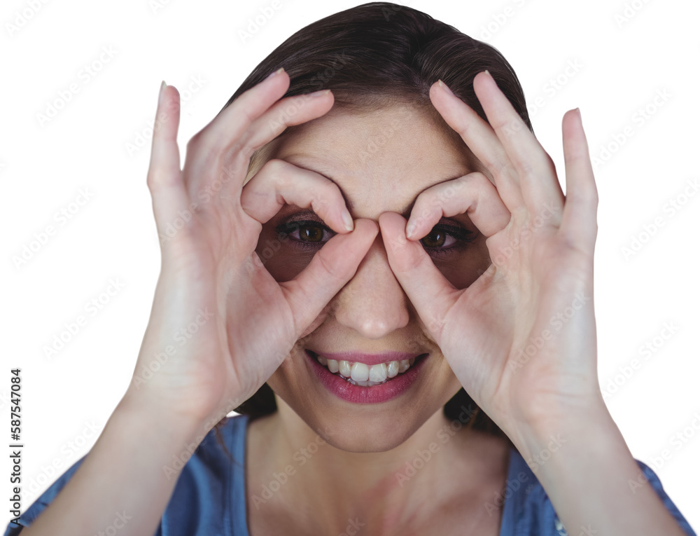 Portrait of woman using hands as binoculars Portrait of woman using hands as binoculars