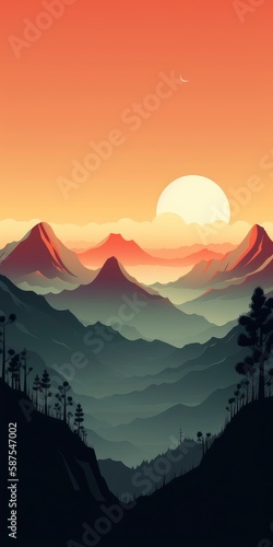 A landscape with mountains and a sunset with the sun shining on the horizon. Generative AI © Catrat