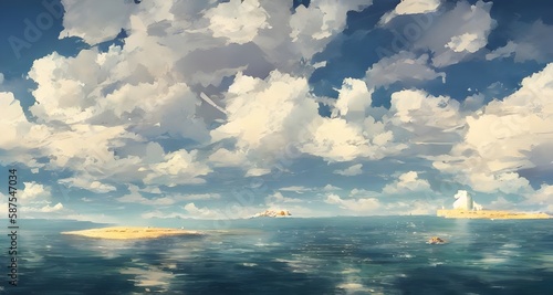 夏と海辺に建つ白い建物と涼しげな雲_44