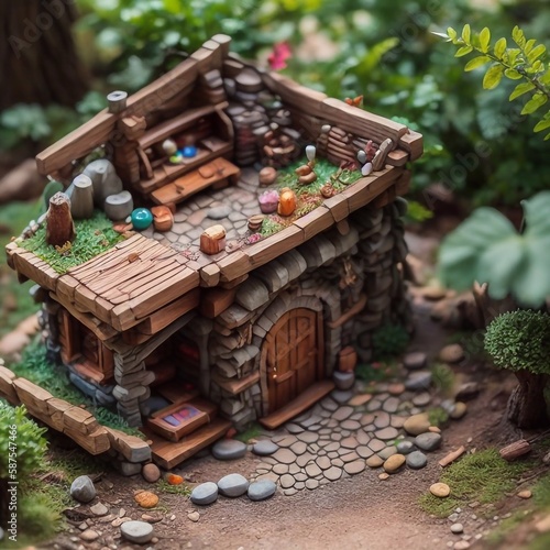 Illustration of a small rock and wood cabin, diorama type - model. Generative AI technology © Santiago