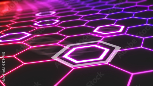 Hexagon shape background illustration with neon light,hexagon-shaped floors and walls with neon lights. for product presentation,3d rendering