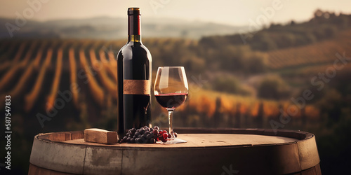 Tuscan vineyard tasting: Wine bottle and glass with scenic backdrop